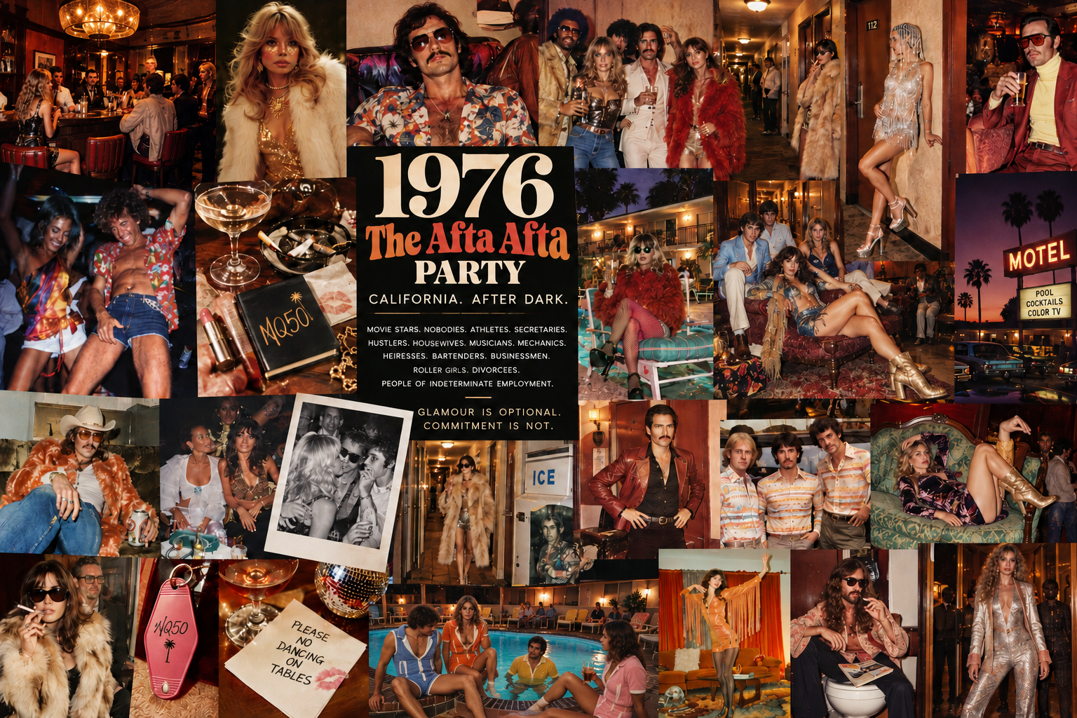 Friday Night: 1976 — The Afta Afta Party. California. After dark. A collage of 1970s California nightlife and outfit inspiration. Movie stars. Nobodies. Athletes. Secretaries. Hustlers. Housewives. Musicians. Mechanics. Heiresses. Bartenders. Businessmen. Roller girls. Divorcees. People of indeterminate employment. Glamour is optional. Commitment is not.